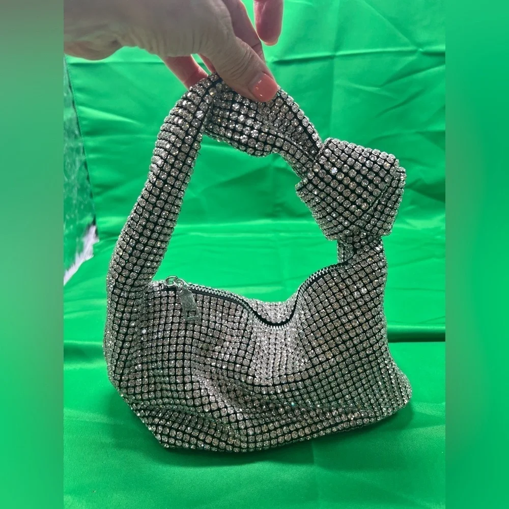 Knotted Crystal Rhinestone Hobo Dumpling Handbag Purse With Silver Zipper (PB1)